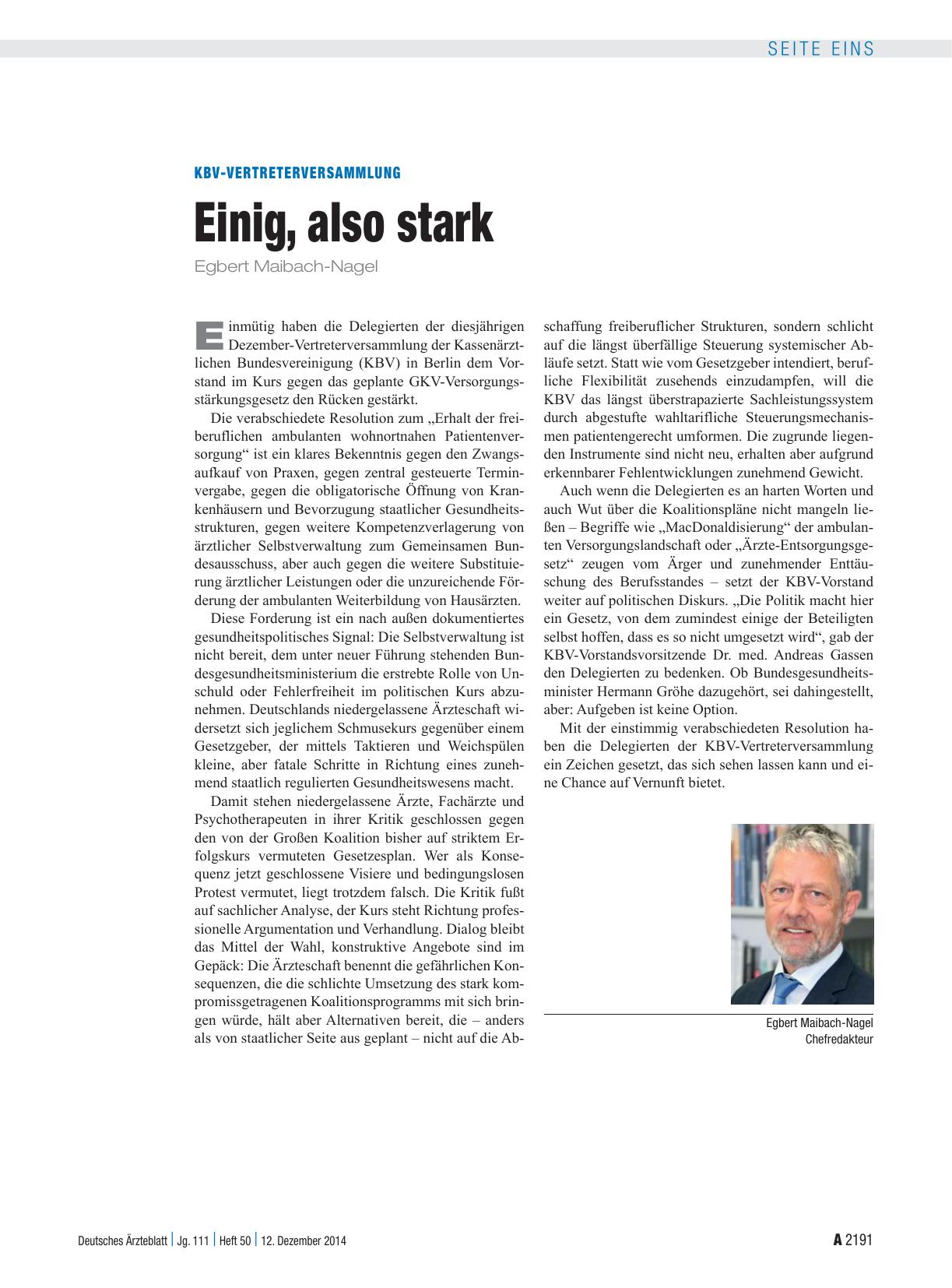 Vorschauseite 1: KBV-Vertreterversammlung: Einig, also stark
