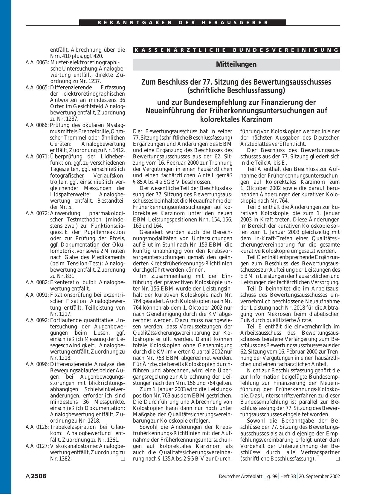 Vorschauseite 1: Mitteilungen: Zum Beschluss der 77. Sitzung des Bewertungsausschusses (schriftliche Beschlussfassung) und zur Bundesempfehlung zur Finanzierung der Neueinführung der Früherkennung…