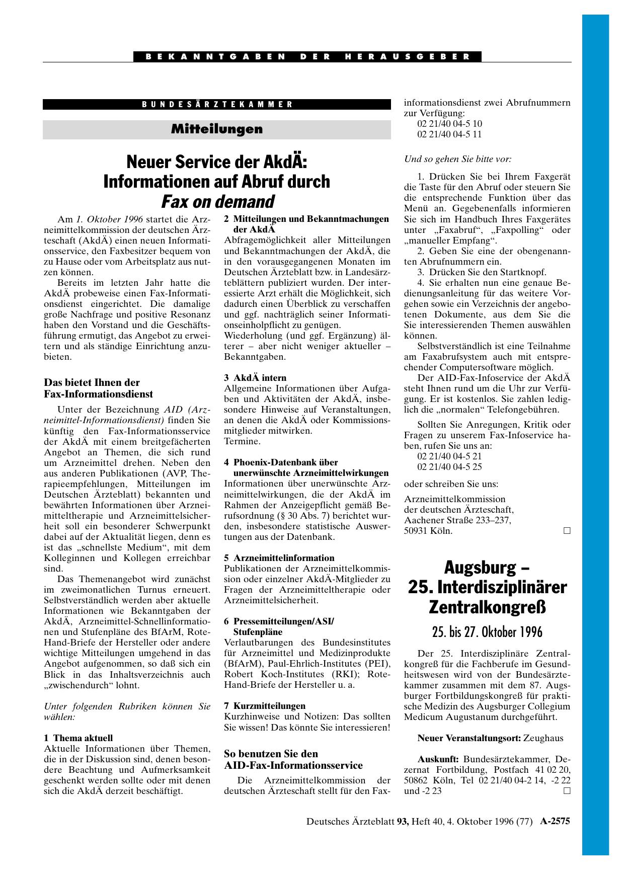 Vorschauseite 1: Mitteilungen – Neuer Service der AkdÄ: Informationen auf Abruf durch Fax on demand