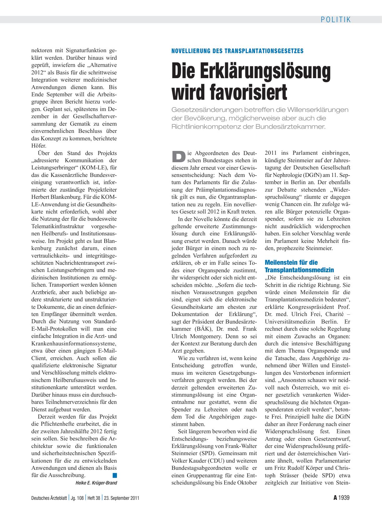 Vorschauseite 1: Novellierung des Transplantationsgesetzes: Die Erklärungslösung wird favorisiert