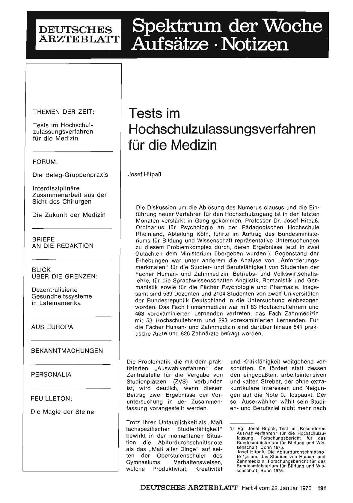 Vorschauseite 1: Tests im Hochschulzulassungsverfahren für die Medizin