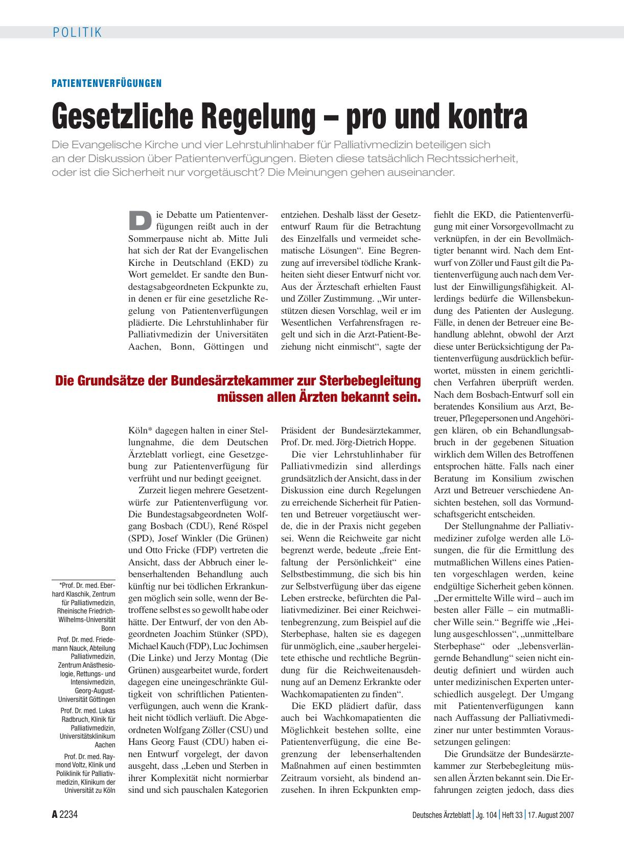 Vorschauseite 1: Patientenverfügungen: Gesetzliche Regelung – pro und kontra