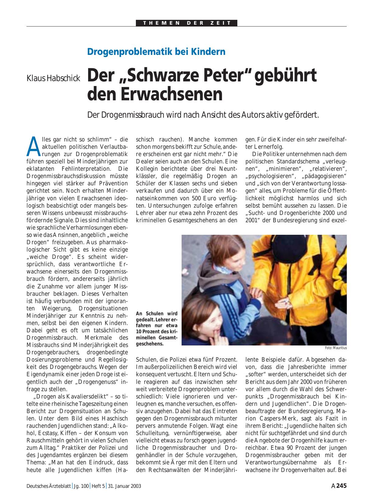 Vorschauseite 1: Drogenproblematik bei Kindern: Der „Schwarze Peter“ gebührt den Erwachsenen