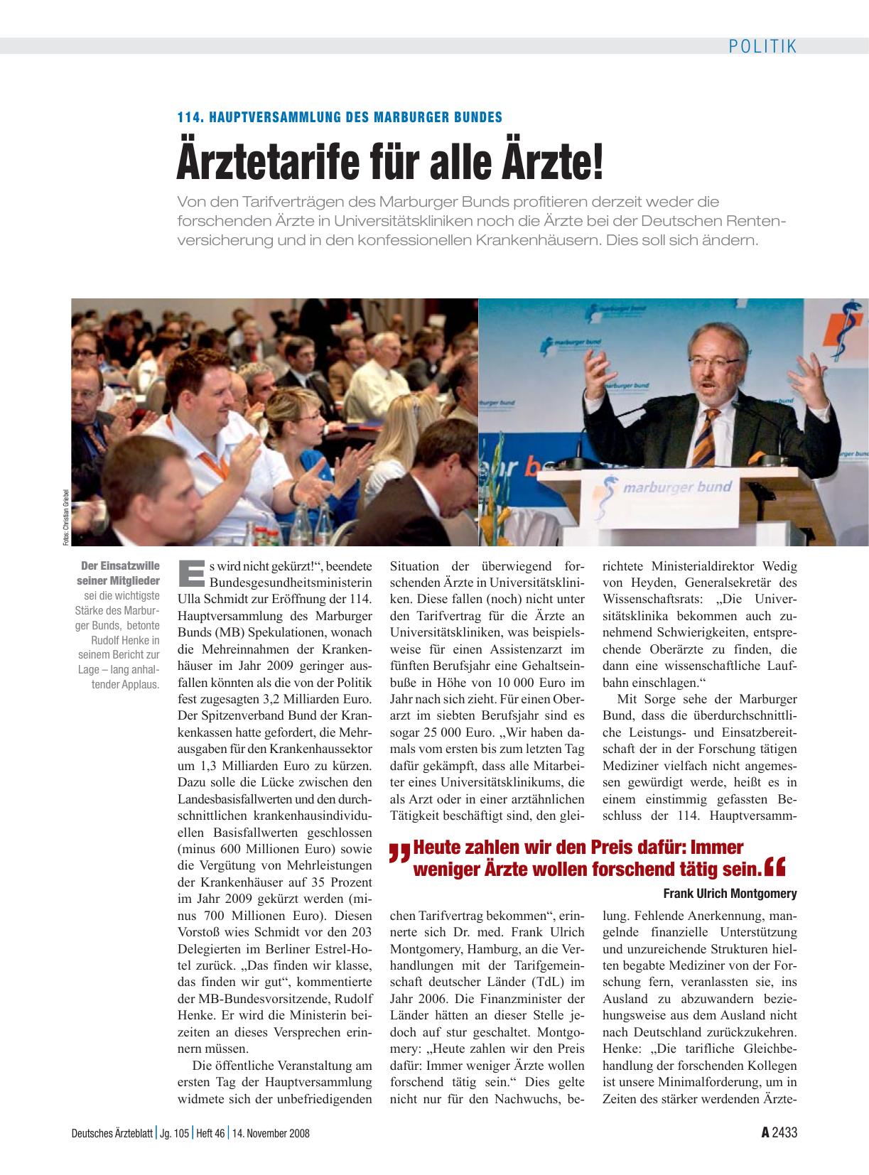 Vorschauseite 1: 114. Hauptversammlung des Marburger Bundes: Ärztetarife für alle Ärzte!