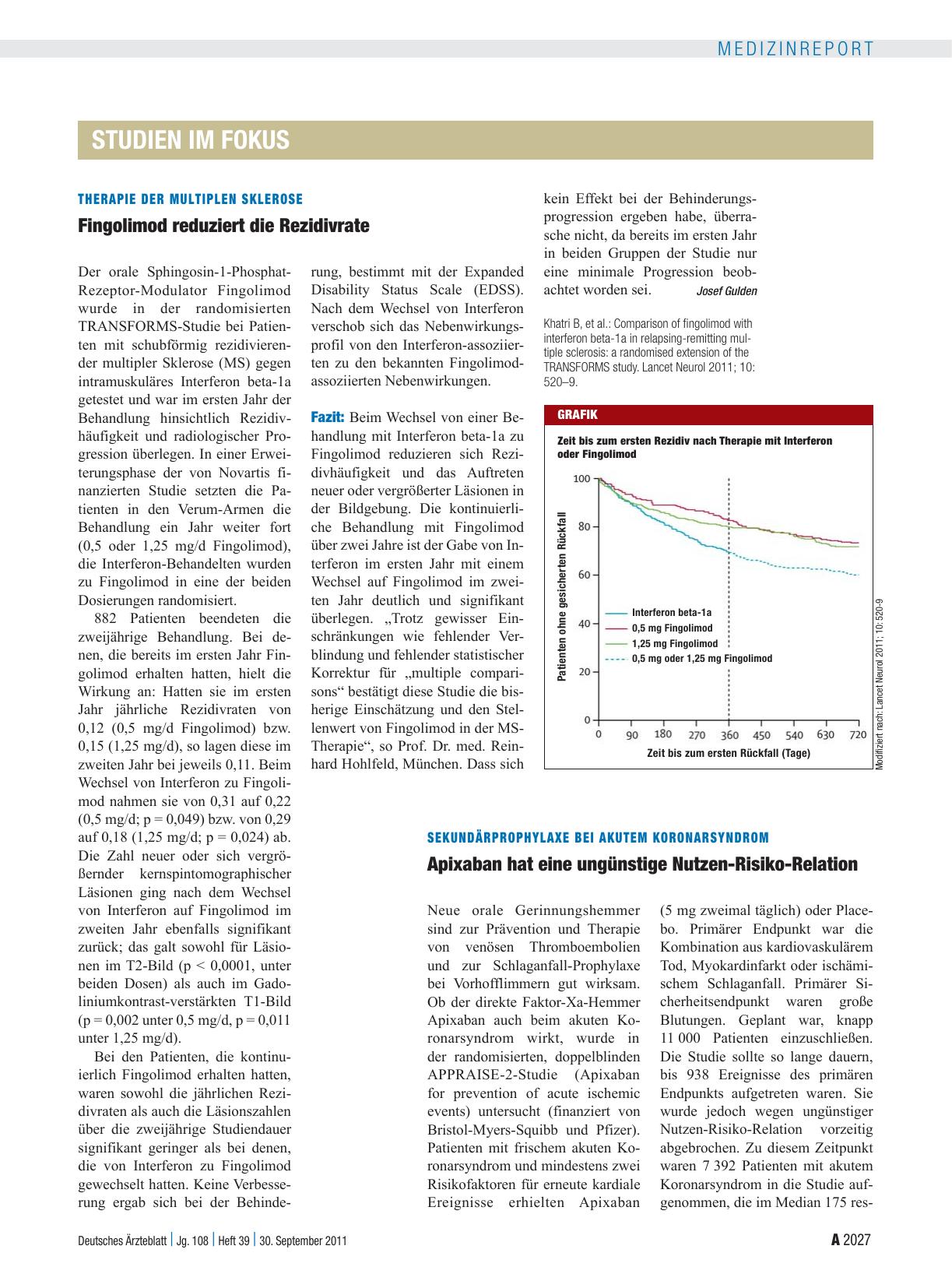 Vorschauseite 1: Therapie der Multiplen Sklerose: Fingolimod reduziert die Rezidivrate