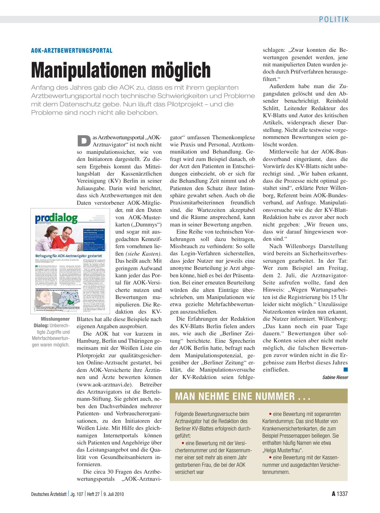 Vorschauseite 1: AOK-Arztbewertungsportal: Manipulationen möglich