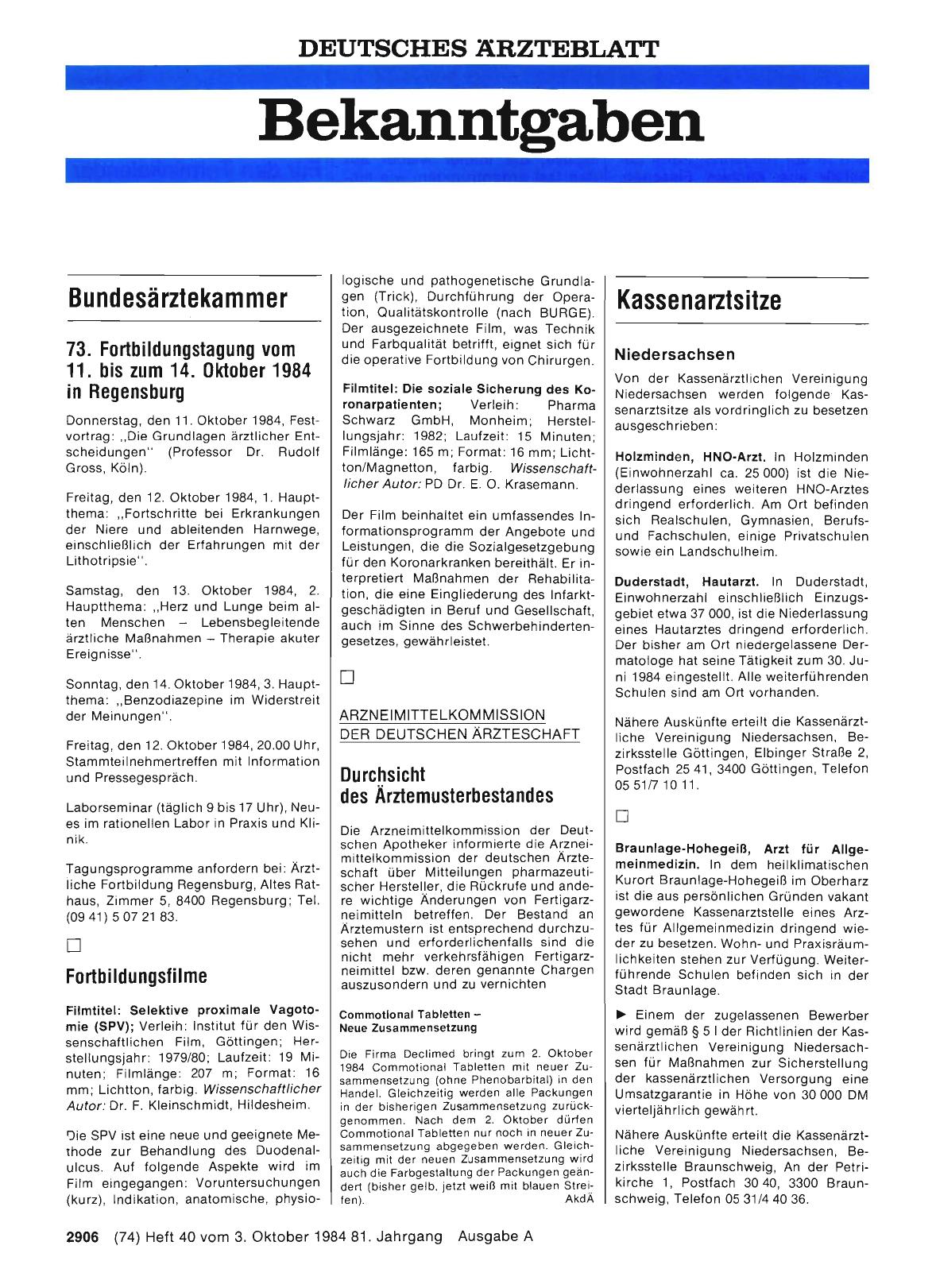 Vorschauseite 1: 73. Fortbildungstagung vom 11. bis zum 14. Oktober 1984 in Regensburg