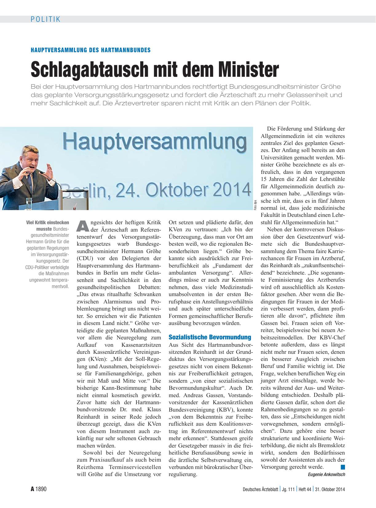 Vorschauseite 1: Hauptversammlung des Hartmannbundes: Schlagabtausch mit dem Minister