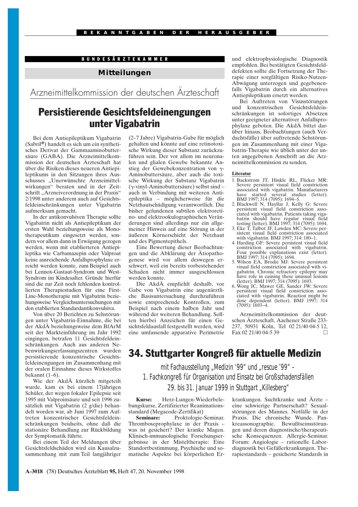 Vorschauseite 1: 34. Stuttgarter Kongreß für aktuelle Medizin mit Fachausstellung „Medizin '99“ und „rescue? 99“