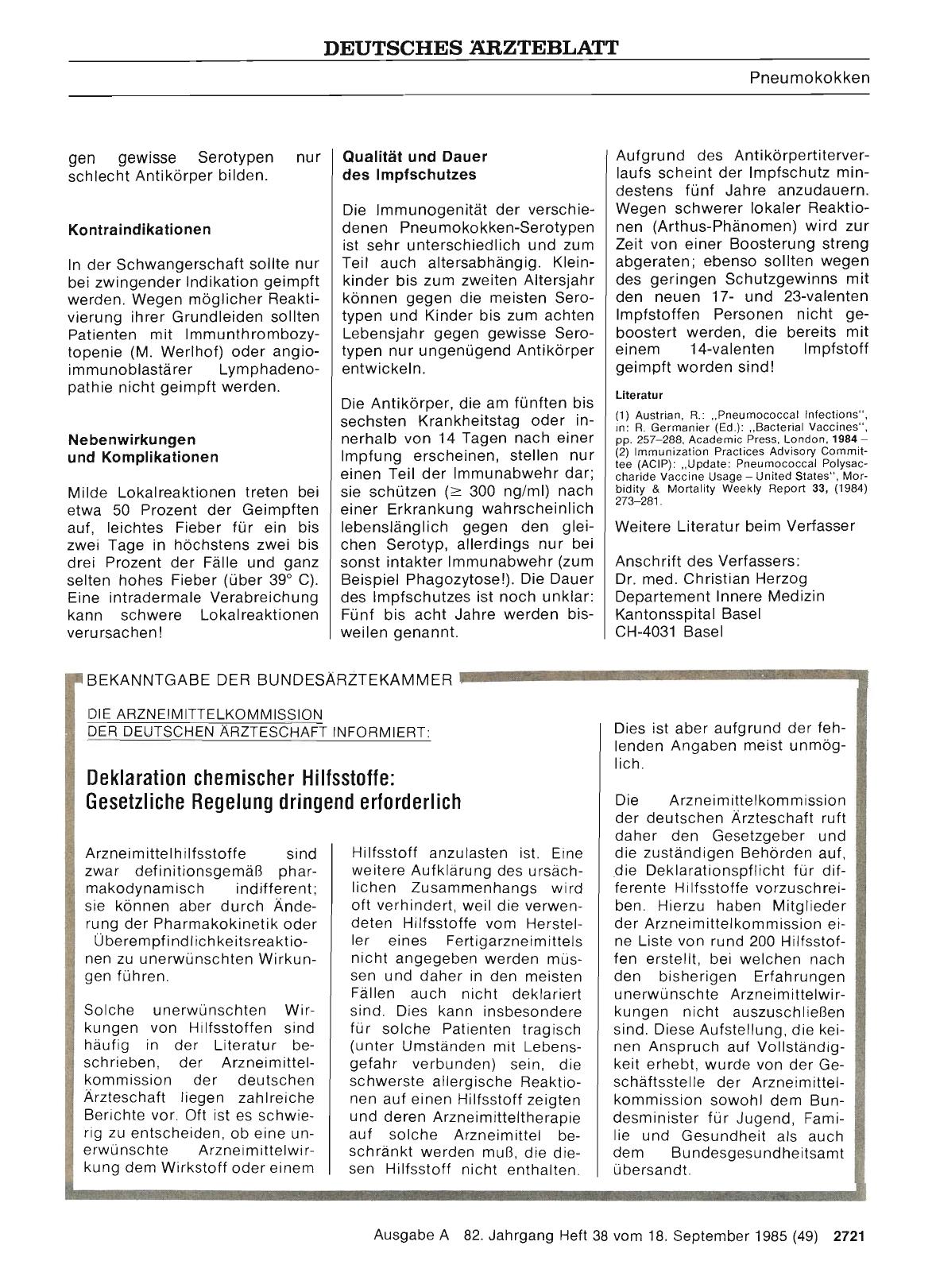 Vorschauseite 1: BEKANNTGABE DER BUNDESÄRZTEKAMMER: DIE ARZNEIMITTELKOMMISSION DER DEUTSCHEN ÄRZTESCHAFT INFORMIERT: Deklaration chemischer Hilfsstoffe: Gesetzliche Regelung dringend erforderlich