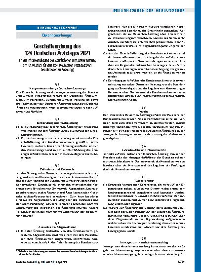 Vorschauseite 1: Geschäftsordnung des 124. Deutschen Ärztetages 2021 (in der mit Beendigung des schriftlichen Umlaufverfahrens am 01. 04. 2021 für den 124. Deutschen Ärztetag 2021 beschlossenen Fa…