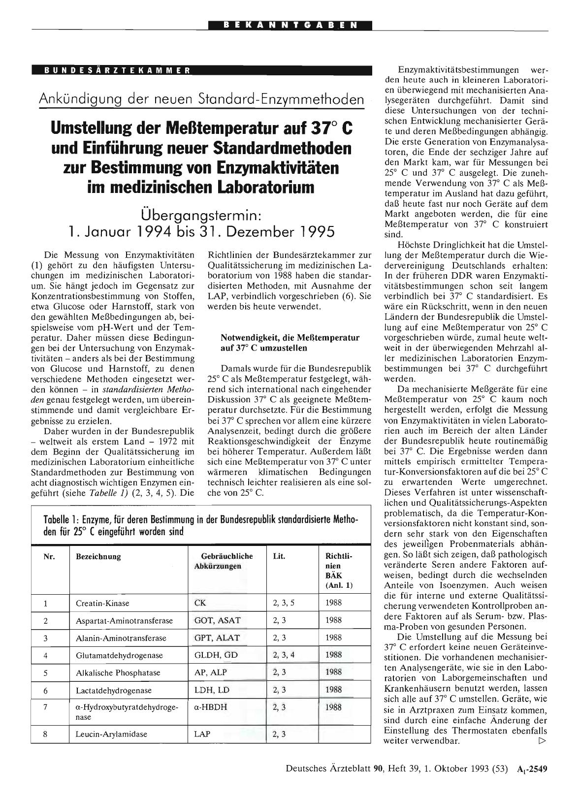 Vorschauseite 1: Ankündigung der neuen Standard-Enzymmethoden: Umstellung der Meßtemperatur auf 37° C und Einführung neuer Standardmethoden zur Bestimmung von Enzymaktivitäten im medizinischen Lab…