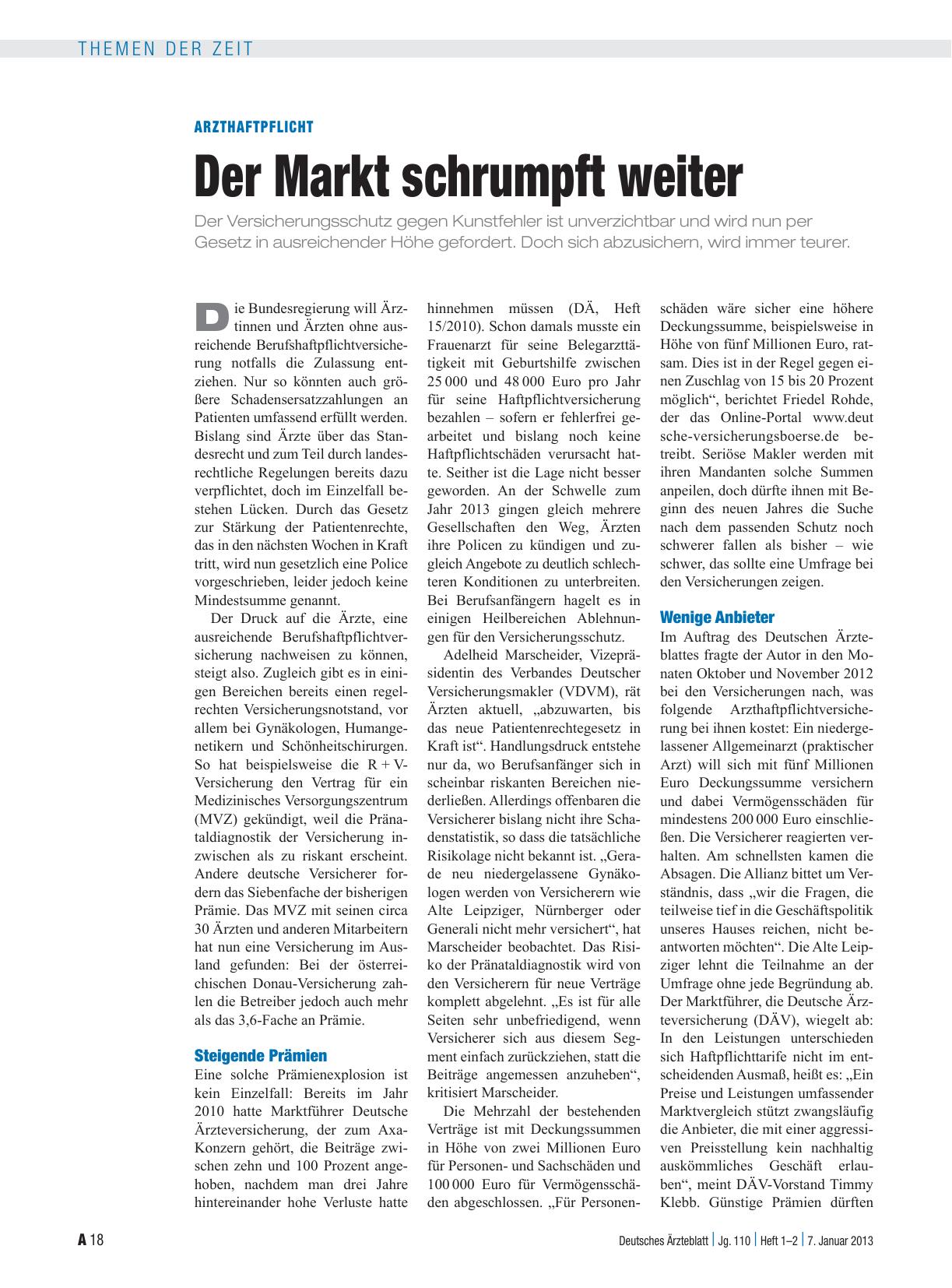 Vorschauseite 1: Arzthaftpflicht: Der Markt schrumpft weiter