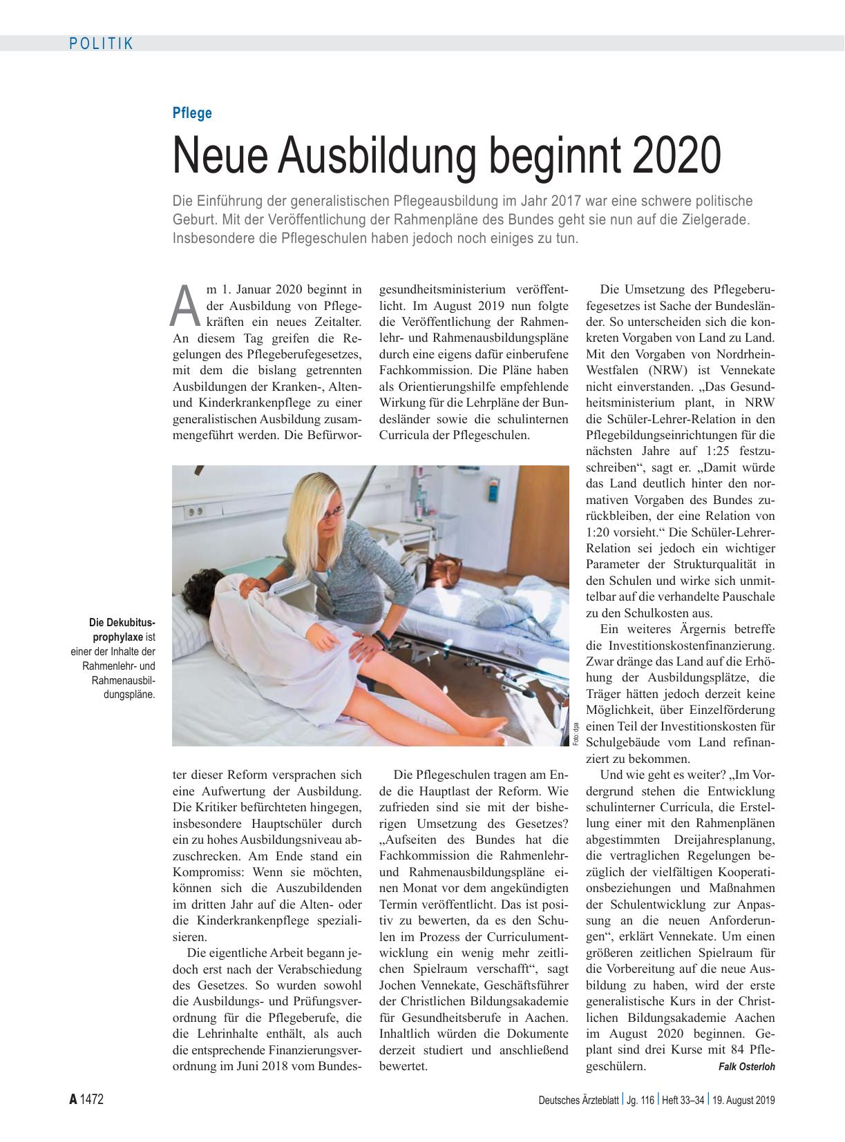 Vorschauseite 1: Pflege: Neue Ausbildung beginnt 2020