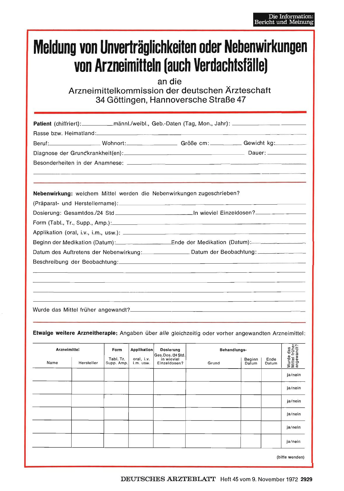 Vorschauseite 1: Meldung von Unverträglichkeiten oder Nebenwirkungen von Arzneimitteln