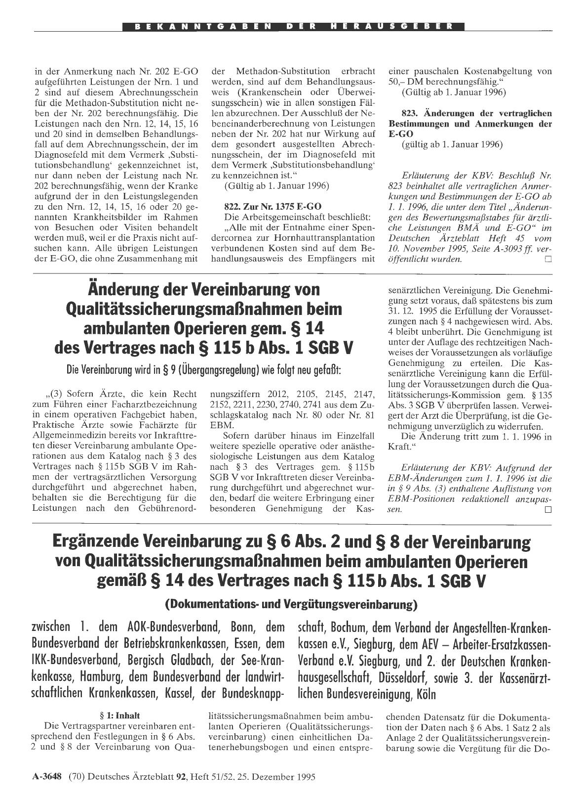 Vorschauseite 1: Bekanntmachungen: Änderung der Vereinbarung von Qualitätssicherungsmaßnahmen beim ambulanten Operieren gem. § 14 des Vertrages nach § 115 b Abs. 1 SGB V