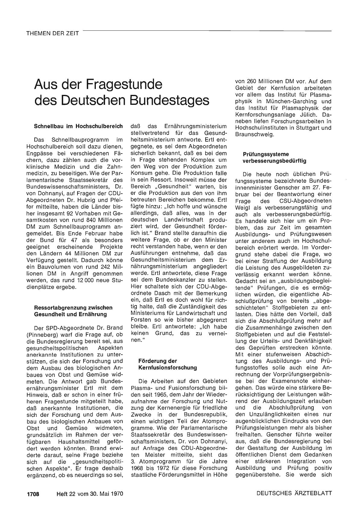 Vorschauseite 1: Aus der Fragestunde des Deutschen Bundestages
