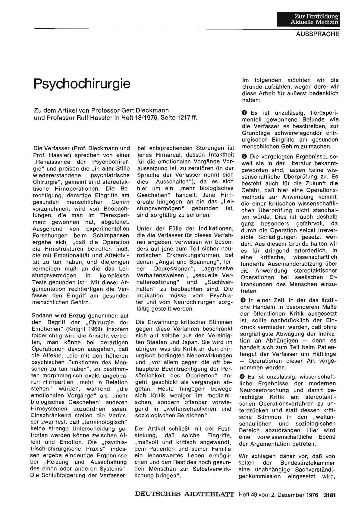 Vorschauseite 1: Psychochirurgie: Stellungnahme