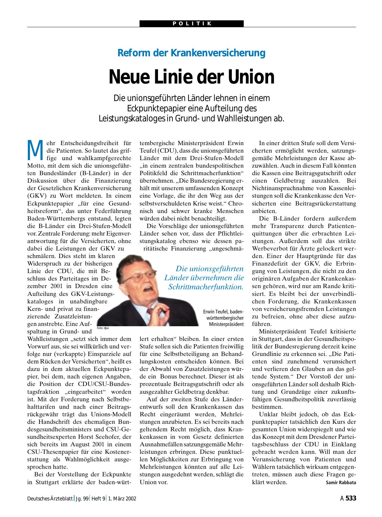 Vorschauseite 1: Reform der Krankenversicherung: Neue Linie der Union