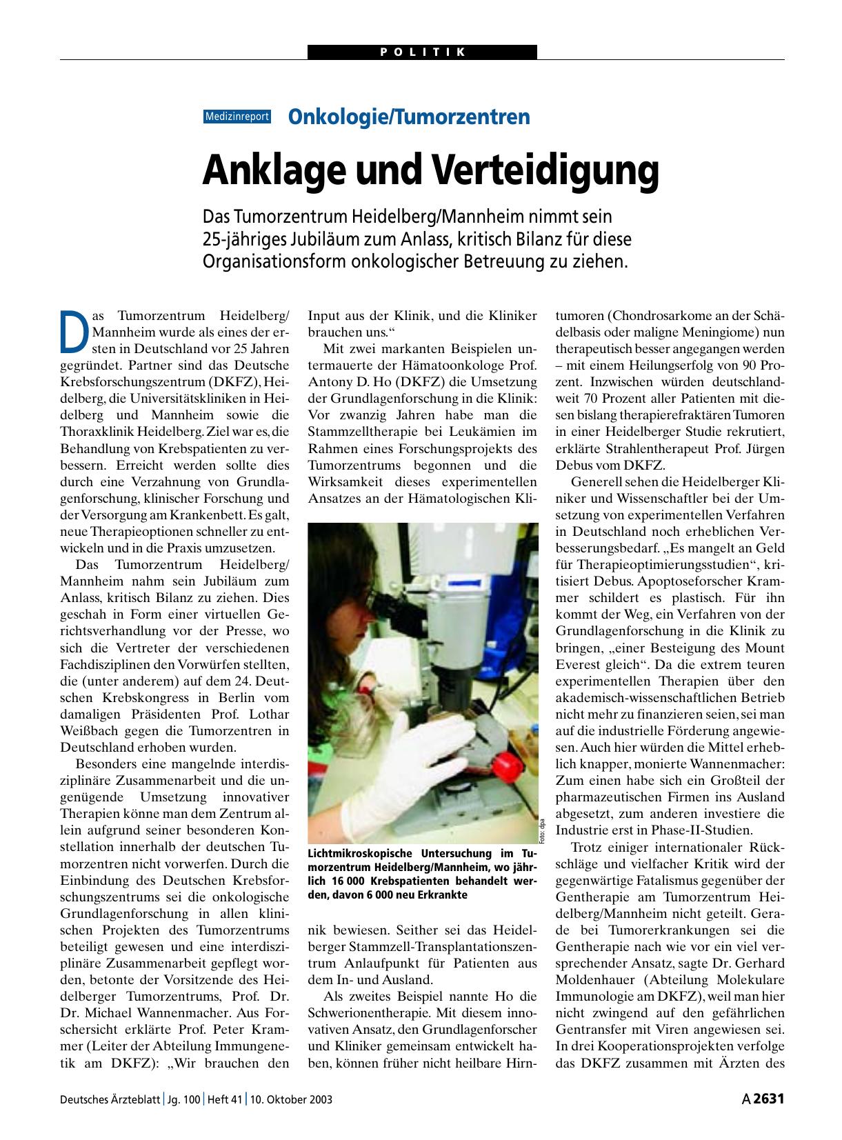 Vorschauseite 1: Onkologie/Tumorzentren: Anklage und Verteidigung