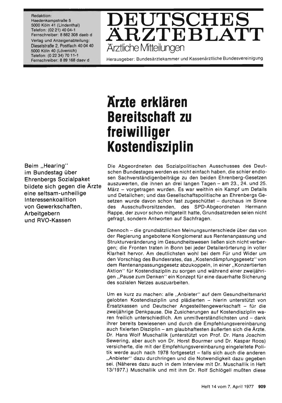 Vorschauseite 1: Ärzte erklären Bereitschaft zu freiwilliger Kostendisziplin