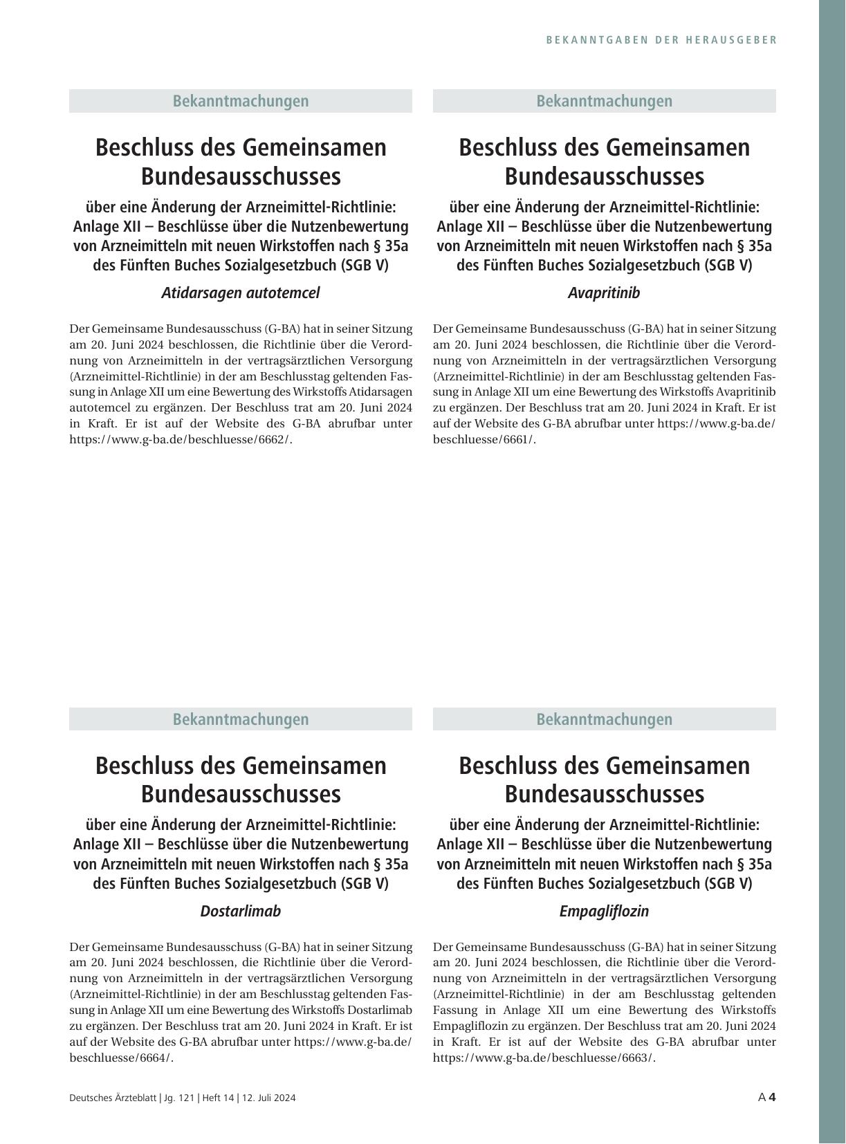 Vorschauseite 1: Beschluss des Gemeinsamen Bundesausschusses über eine Änderung der Arzneimittel-Richtlinie: Anlage XII – Empagliflozin