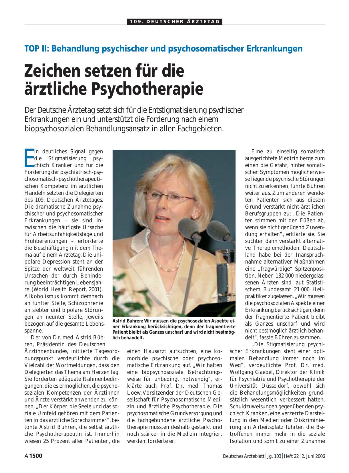 Vorschauseite 1: TOP II: Behandlung psychischer und psychosomatischer Erkrankungen – Zeichen setzen für die ärztliche Psychotherapie