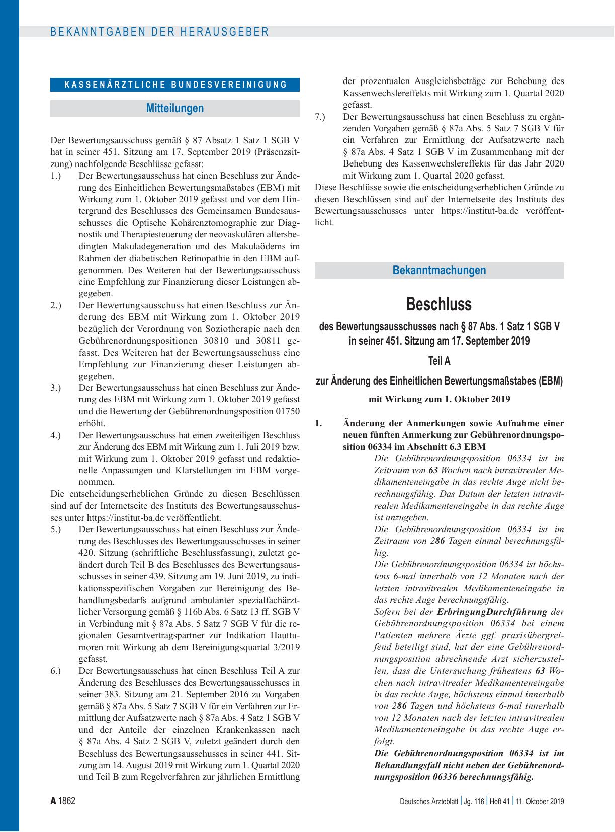 Vorschauseite 1: Beschluss des Bewertungsausschusses nach § 87 Abs. 1 Satz 1 SGB V in seiner 451. Sitzung am 17. September 2019: Teil A, Teil B