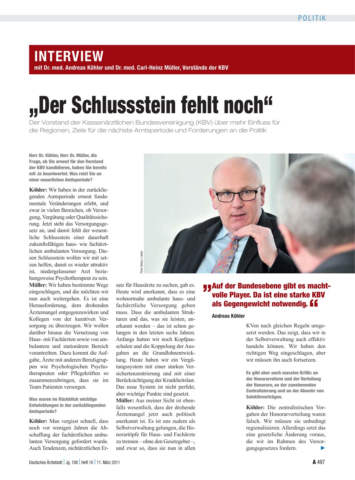 Vorschauseite 1: Interview mit Dr. med. Andreas Köhler und Dr. med. Carl-Heinz Müller, Vorstände der KBV: „Der Schlussstein fehlt noch“