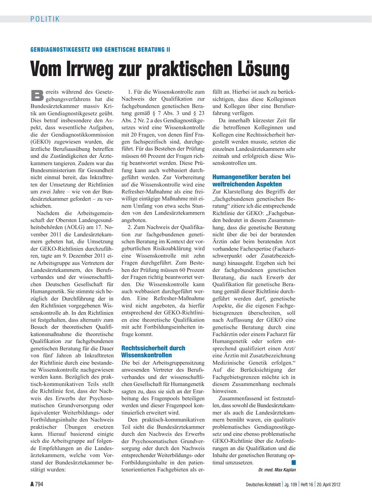 Vorschauseite 1: Gendiagnostikgesetz und genetische Beratung II: Vom Irrweg zur praktischen Lösung