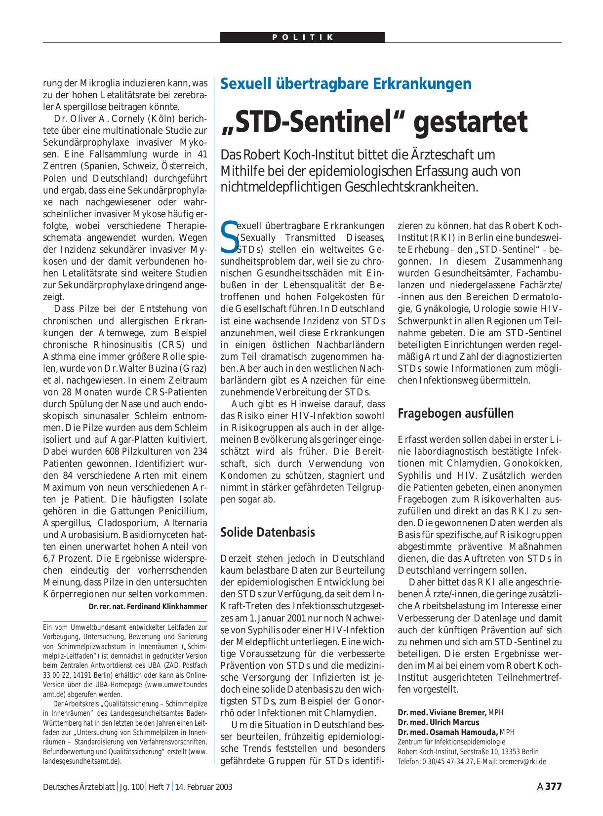 Vorschauseite 1: Sexuell übertragbare Erkrankungen: „STD-Sentinel“ gestartet