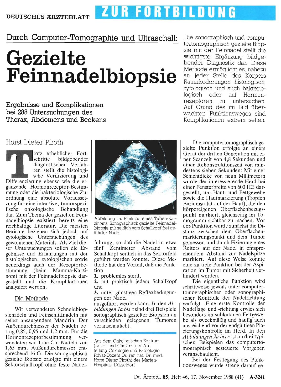 Vorschauseite 1: Durch Computer-Tomographie und Ultraschall: Gezielte Feinnadelbiopsie - Ergebnisse und Komplikationen bei 288 Untersuchungen des Thorax, Abdomens und Beckens