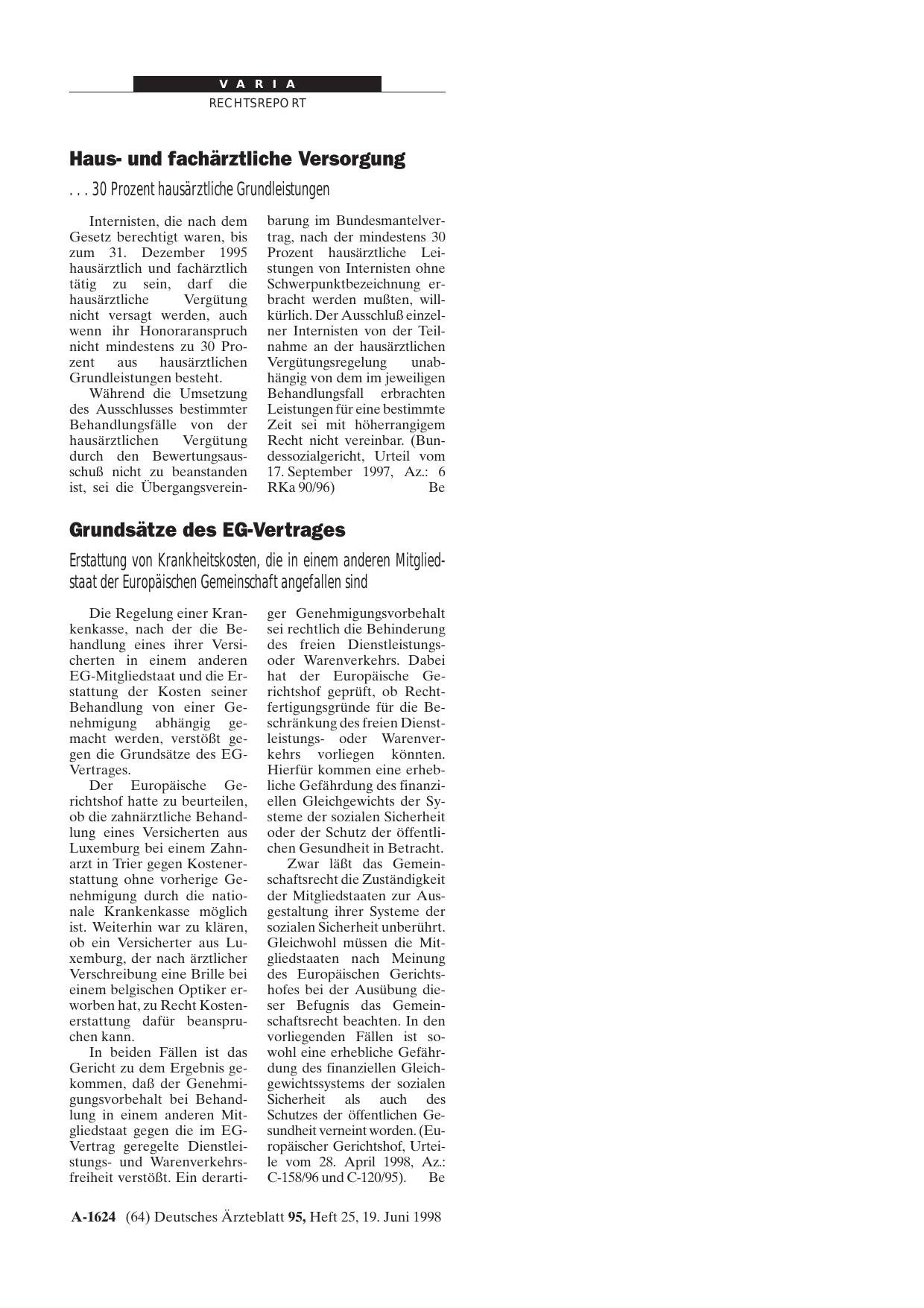 Vorschauseite 1: Grundsätze des EG-Vertrages: Erstattung von Krankheitskosten, die in einem anderen Mitgliedstaat der Europäischen Gemeinschaft angefallen sind