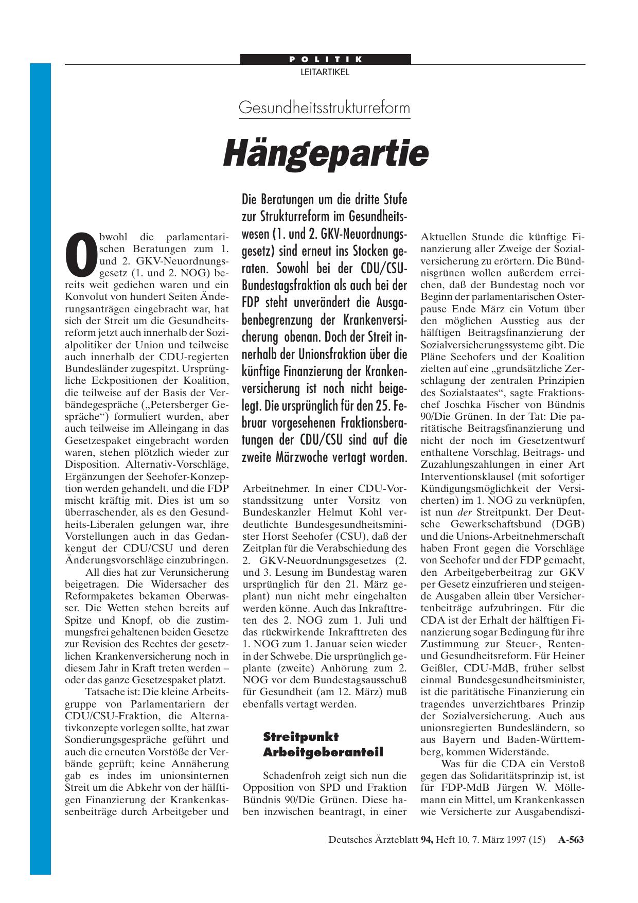 Vorschauseite 1: Gesundheitsstrukturreform: Hängepartie