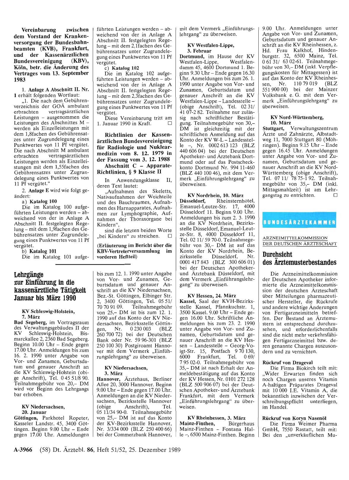 Vorschauseite 1: Lehrgänge zur Einführung in die kassenärztliche Tätigkeit Januar bis März 1990