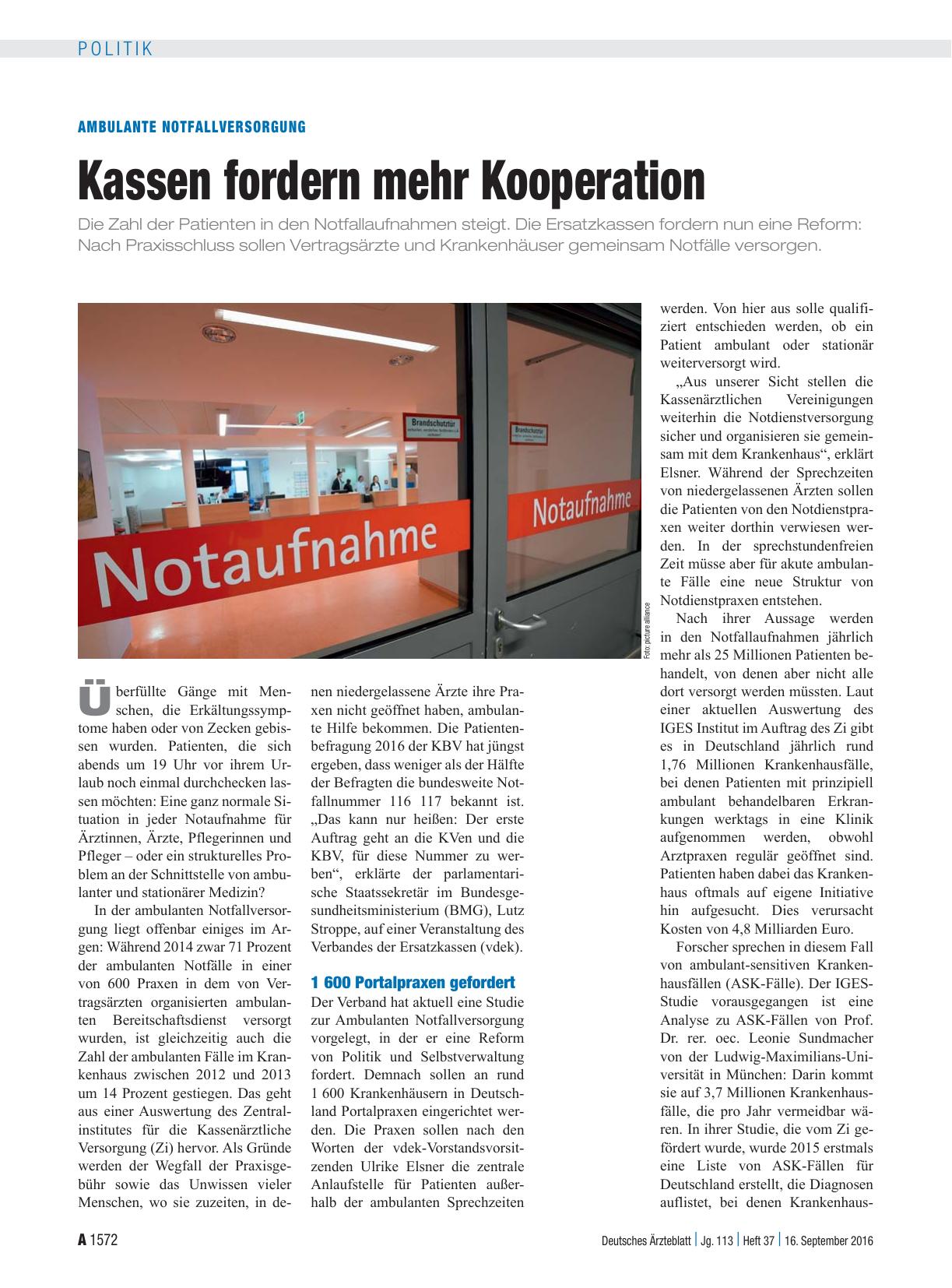 Vorschauseite 1: Ambulante Notfallversorgung: Kassen fordern mehr Kooperation