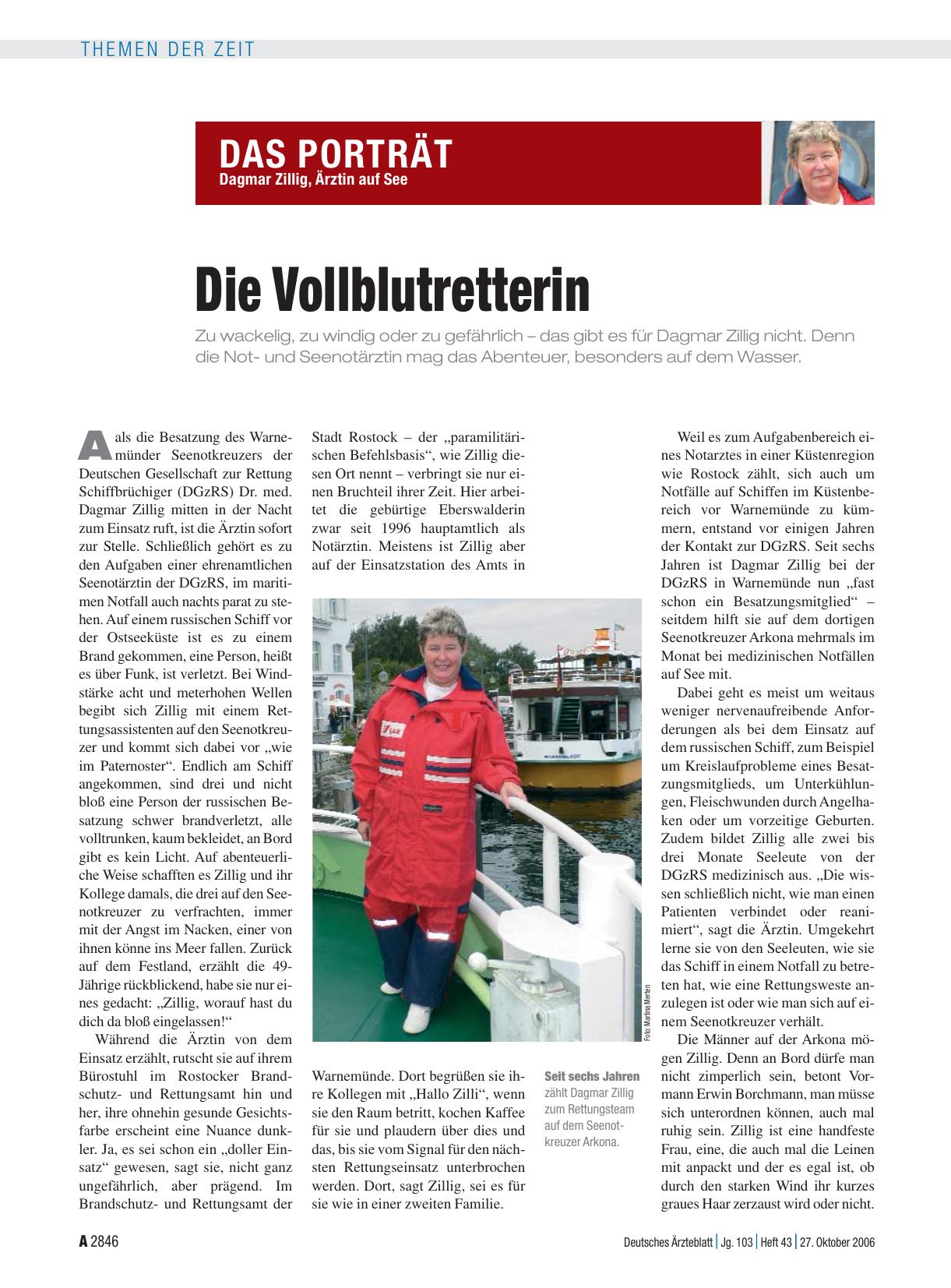 Vorschauseite 1: Das Porträt: Dagmar Zillig, Ärztin auf See – Die Vollblutretterin