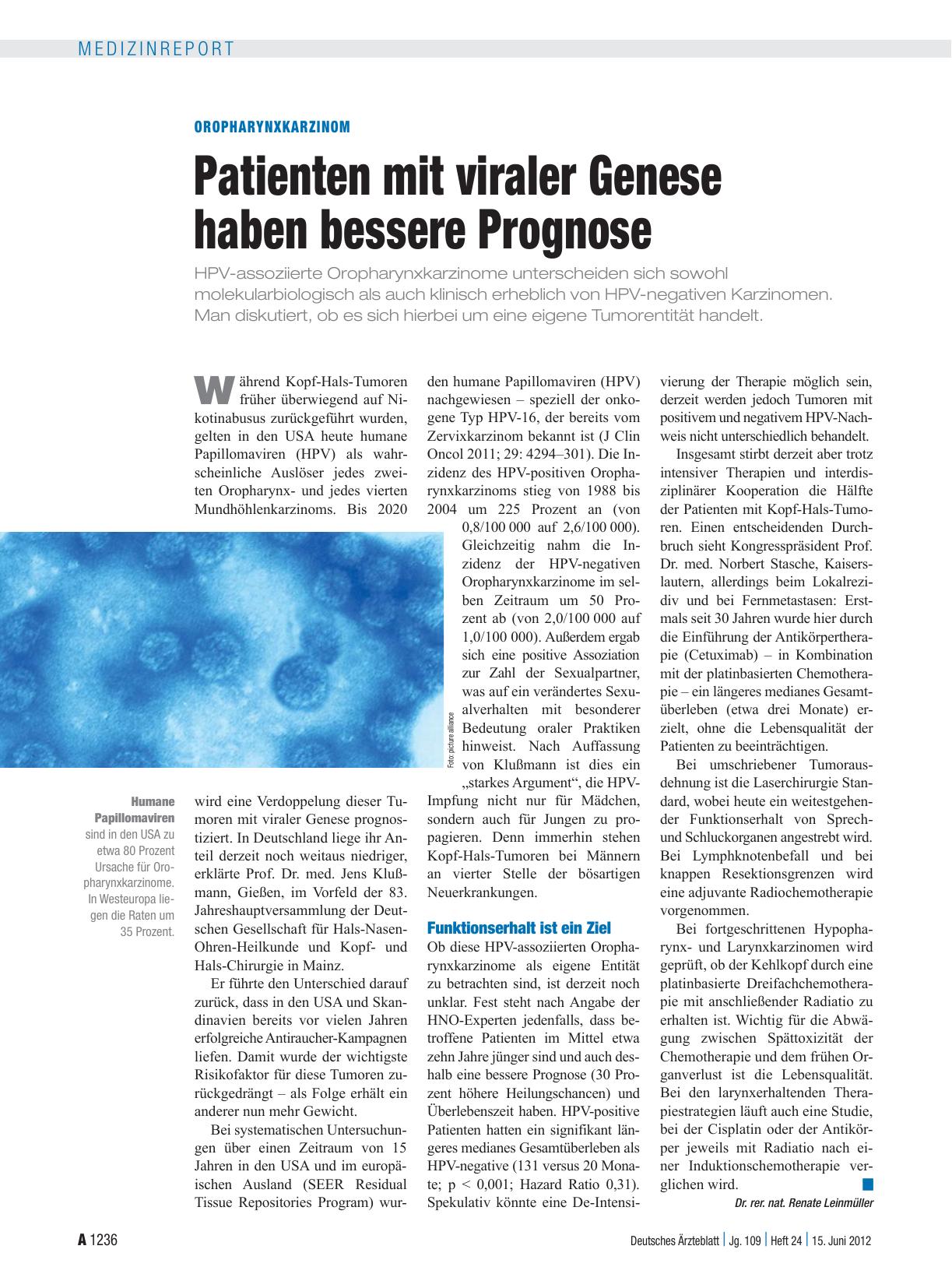 Vorschauseite 1: Oropharynxkarzinom: Patienten mit viraler Genese haben bessere Prognose