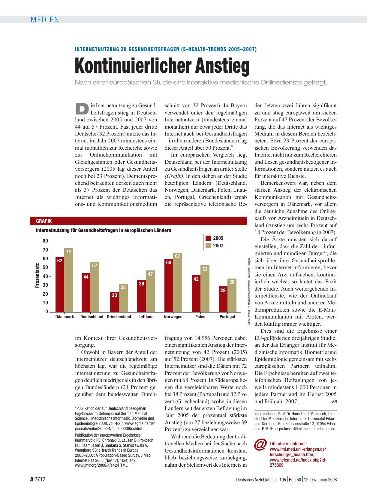 Vorschauseite 1: Internetnutzung zu Gesundheitsfragen (E-Health-Trends 2005 – 2007): Kontinuierlicher Anstieg