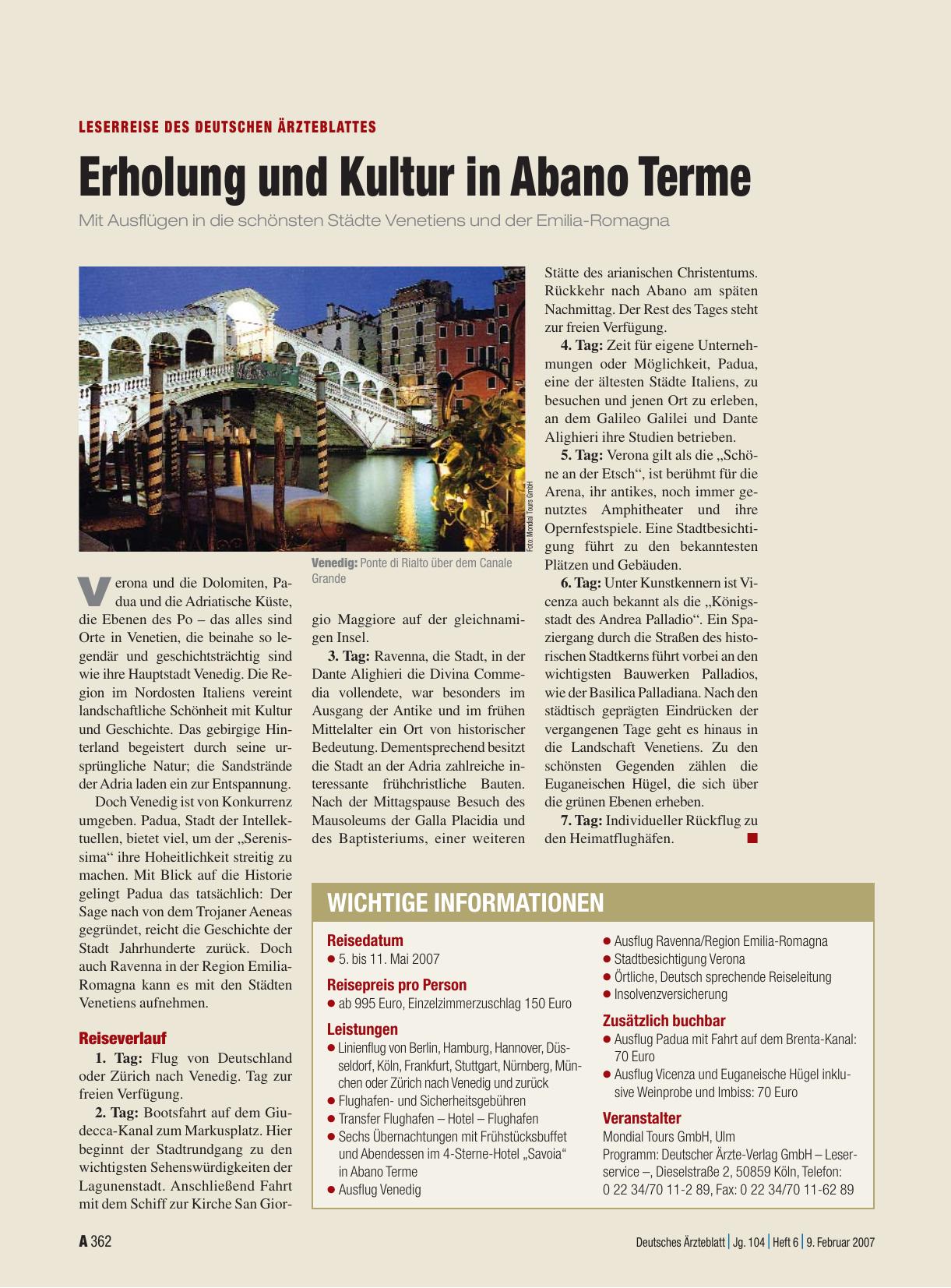 Vorschauseite 1: Leserreise des Deutschen Ärzteblattes: Erholung und Kultur in Abano Terme
