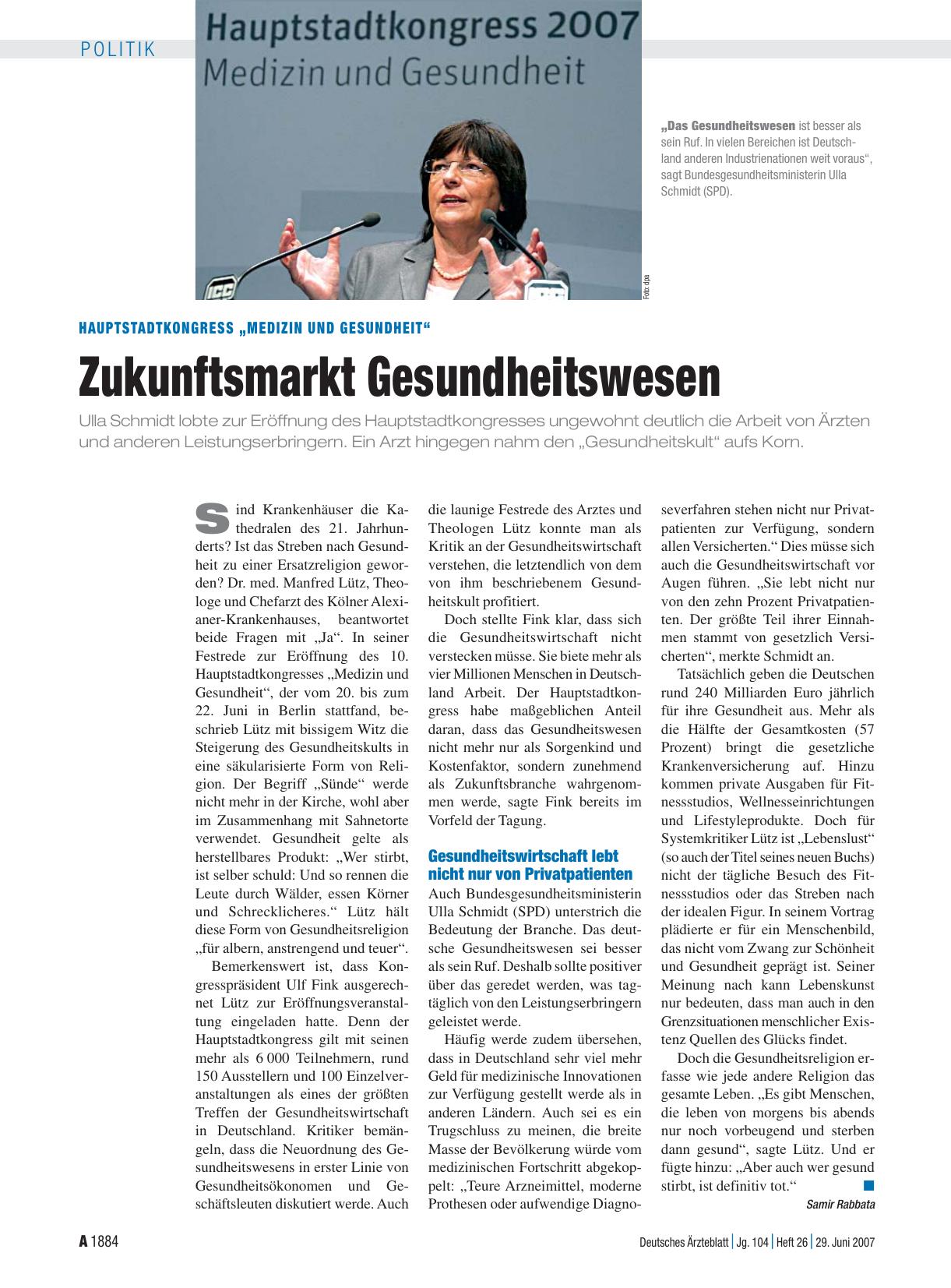 Vorschauseite 1: Hauptstadtkongress „Medizin und Gesundheit“: Zukunftsmarkt Gesundheitswesen