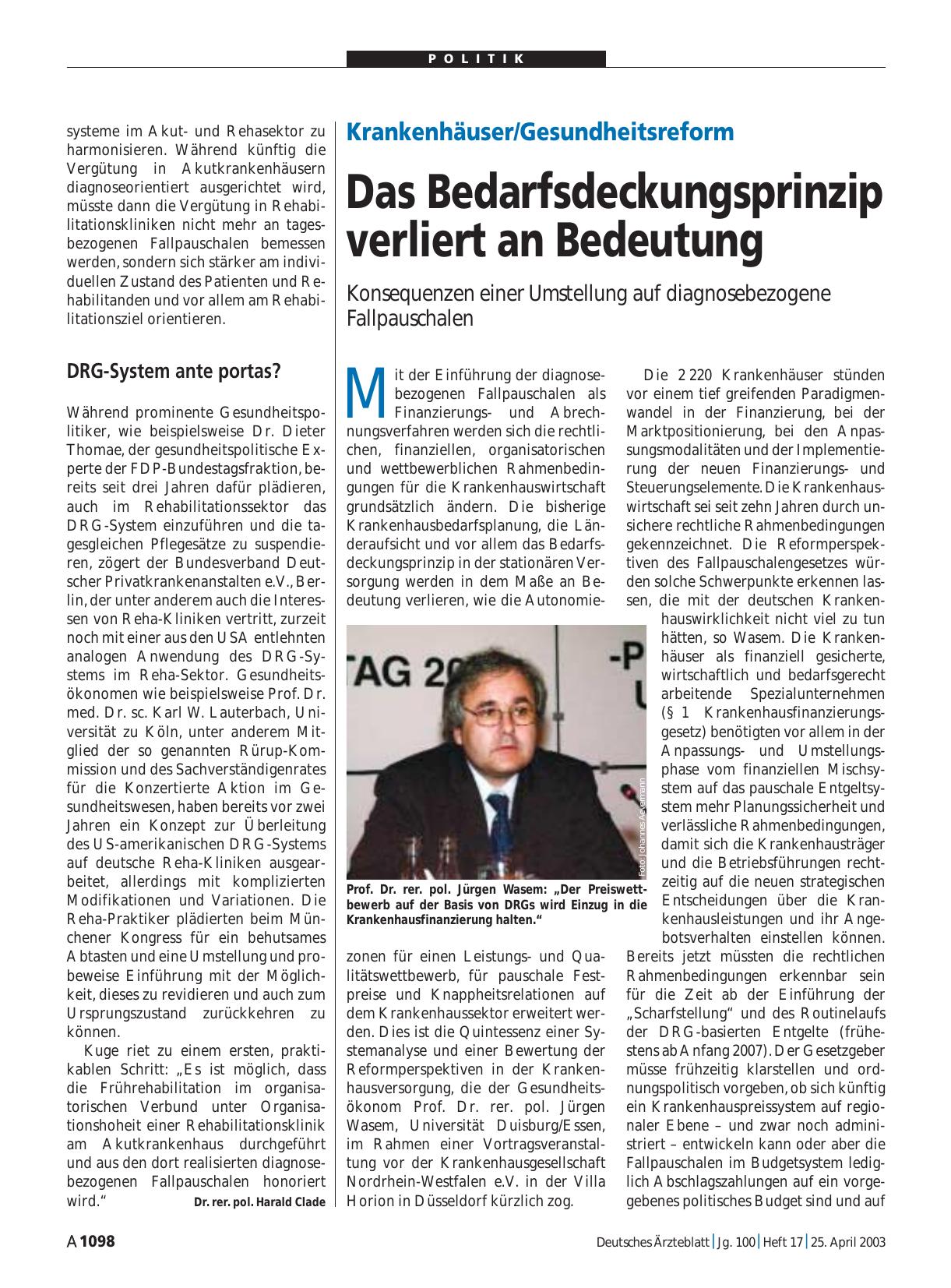 Vorschauseite 1: Krankenhäuser/Gesundheitsreform: Das Bedarfsdeckungsprinzip verliert an Bedeutung