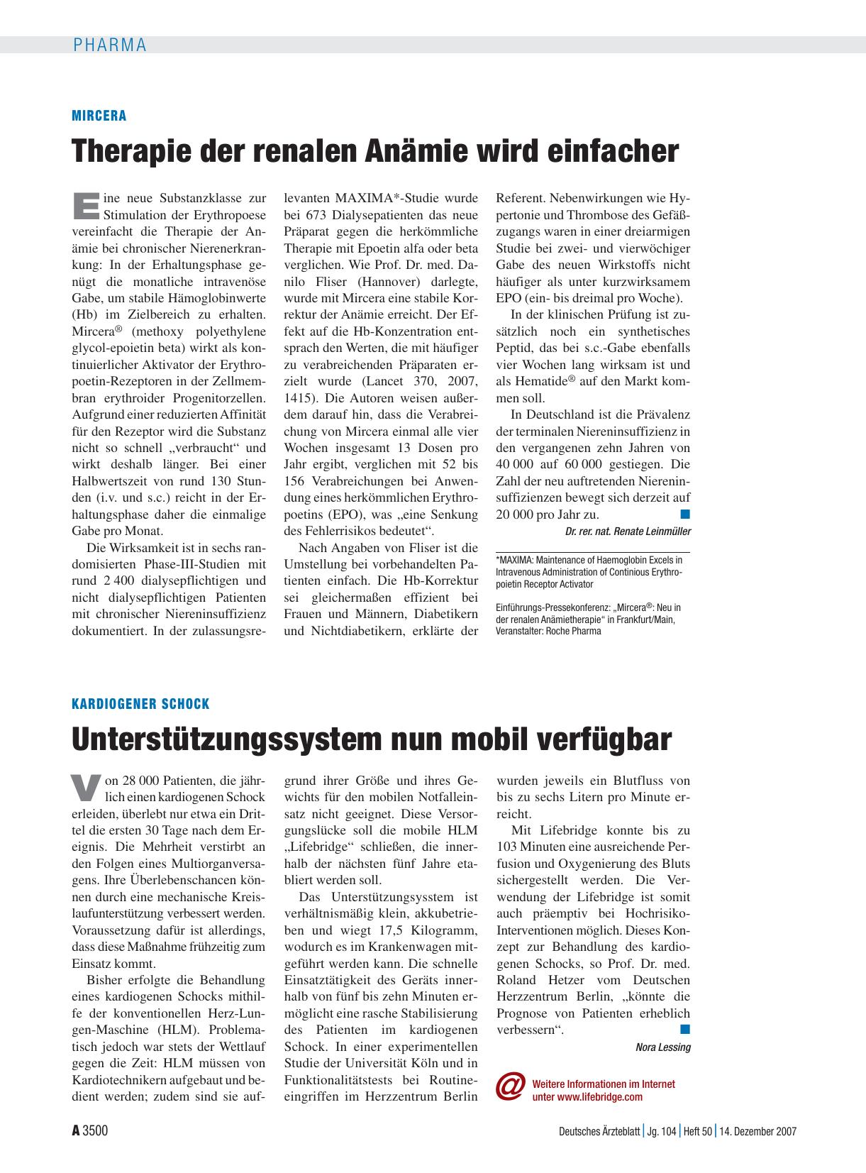 Vorschauseite 1: Mircera: Therapie der renalen Anämie wird einfacher