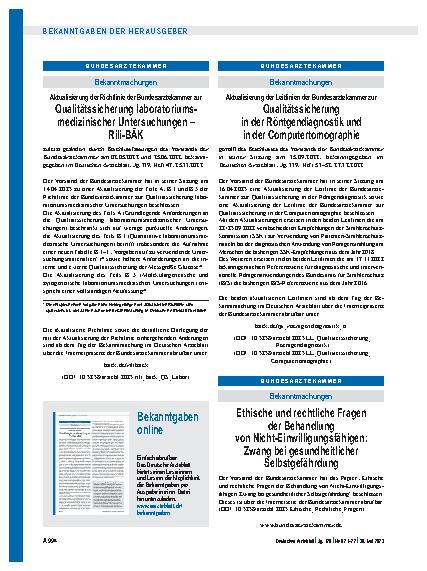 Vorschauseite 1: Aktualisierung der Richtlinie der Bundesärztekammer zur Qualitätssicherung laboratoriumsmedizinischer Untersuchungen – Rili-BÄK