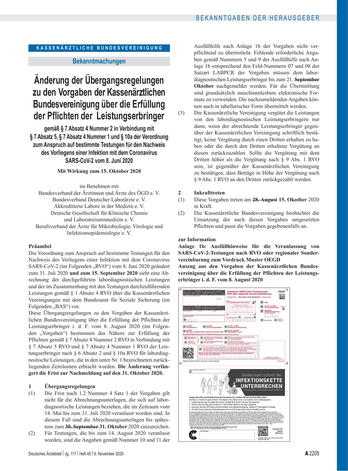Vorschauseite 1: Änderung der Übergangsregelungen zu den Vorgaben der Kassenärztlichen Bundesvereinigung über die Erfüllung der Pflichten der Leistungserbringer der Verordnung zum Anspruch auf bes…