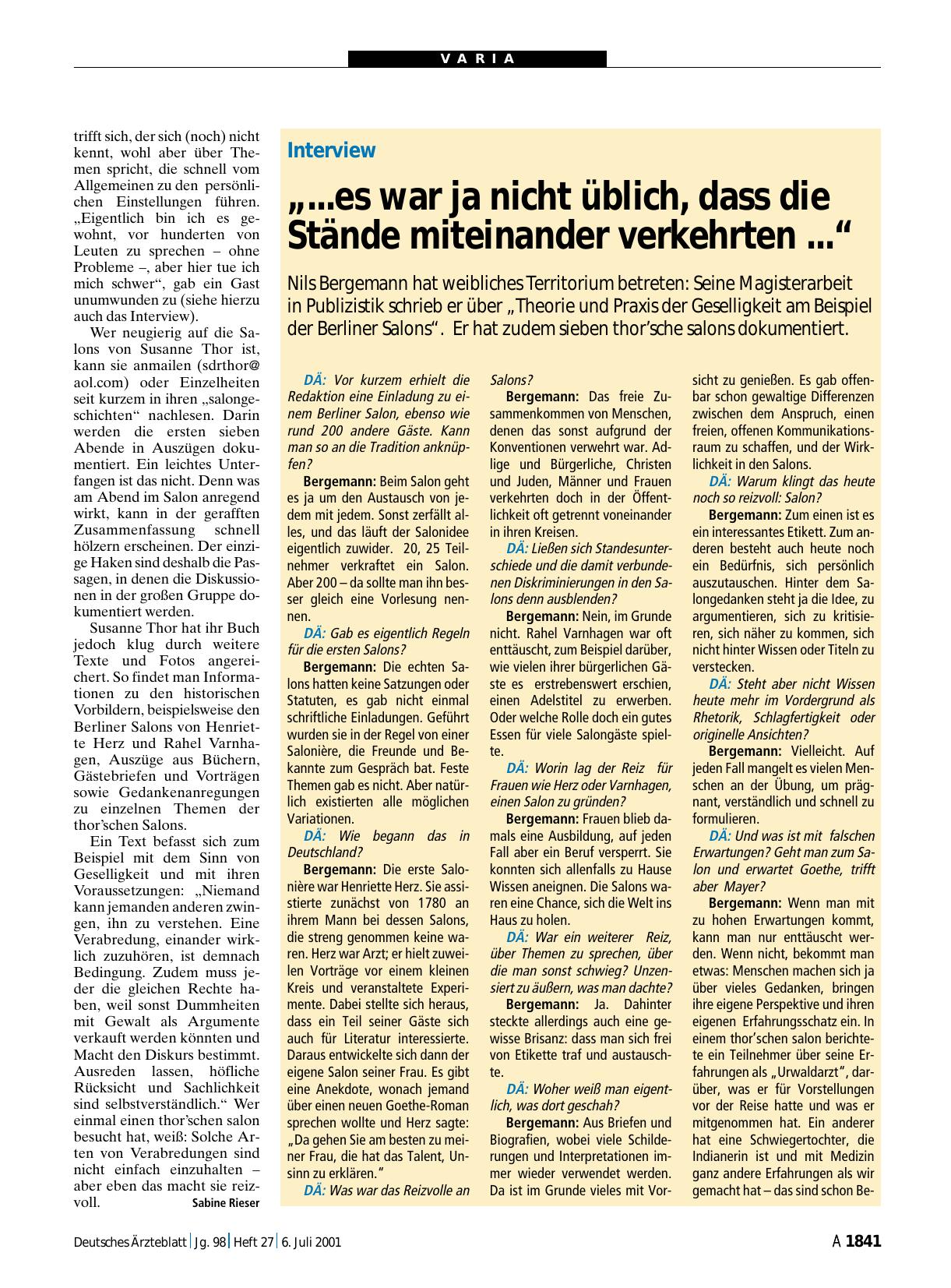 Vorschauseite 1: Interview: „. .. es war ja nicht üblich, dass die Stände miteinander verkehrten. .. “