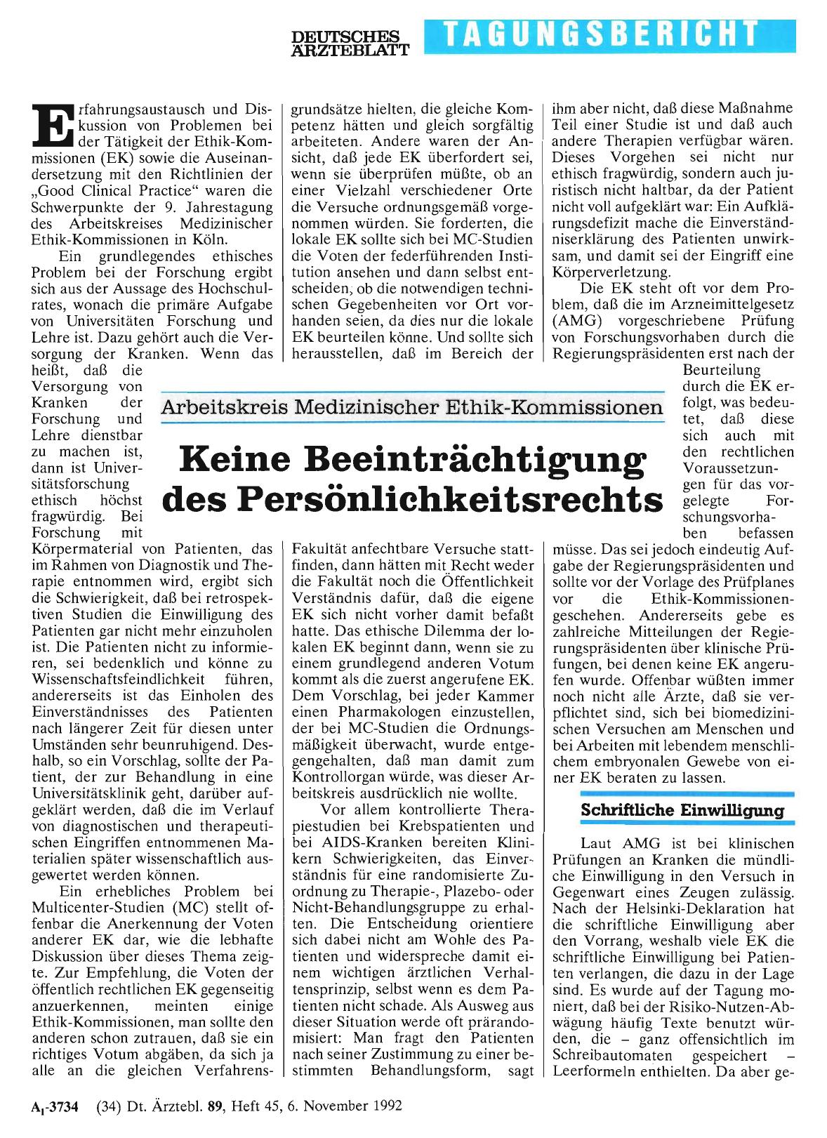 Vorschauseite 1: Arbeitskreis Medizinischer Ethik-Kommissionen: Keine Beeinträchtigung des Persönlichkeitsrechts