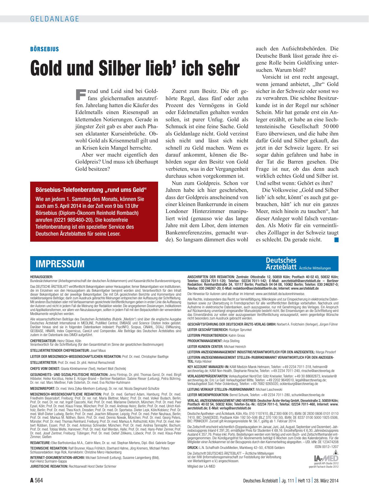 Vorschauseite 1: Börsebius: Gold und Silber lieb’ ich sehr