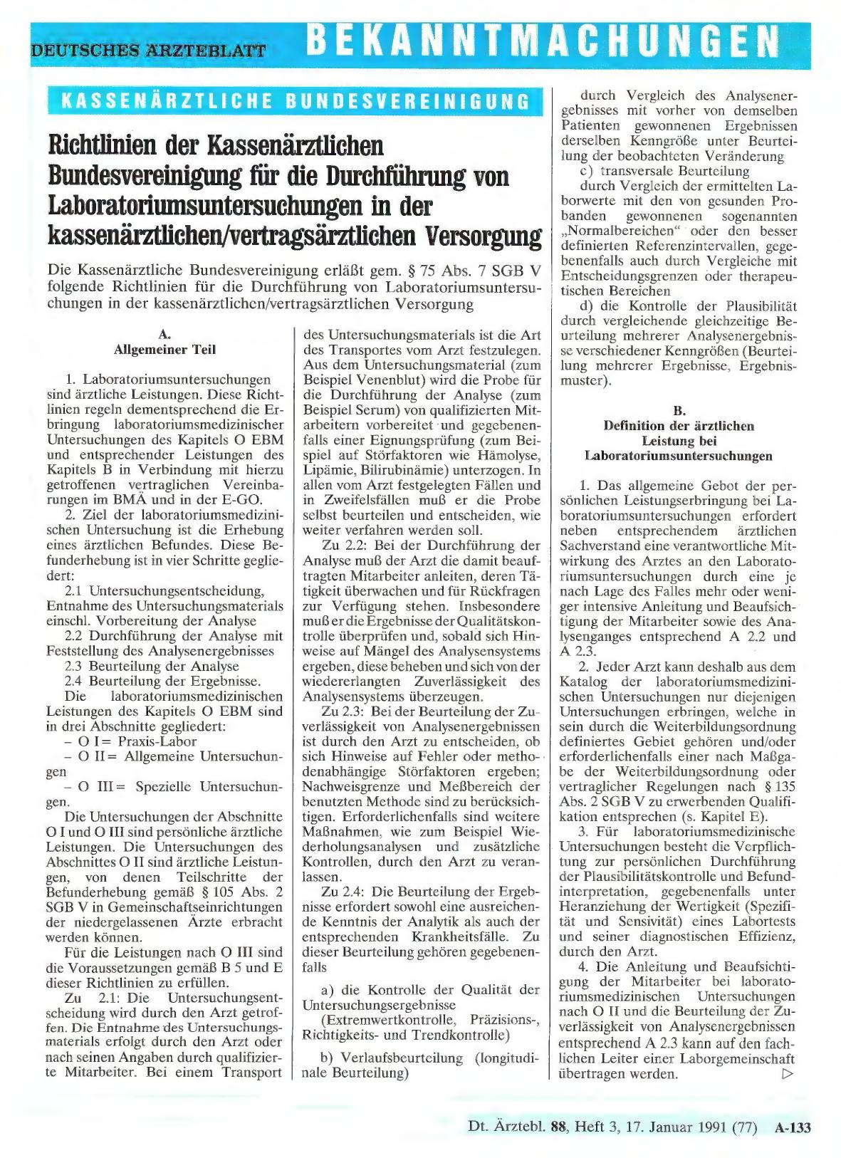 Vorschauseite 1: Richtlinien der Kassenärztlichen Bundesvereinigung für die Durchführung von Laboratoriumsuntersuchungen in der kassenärztlichen/vertragsärztlichen Versorgung