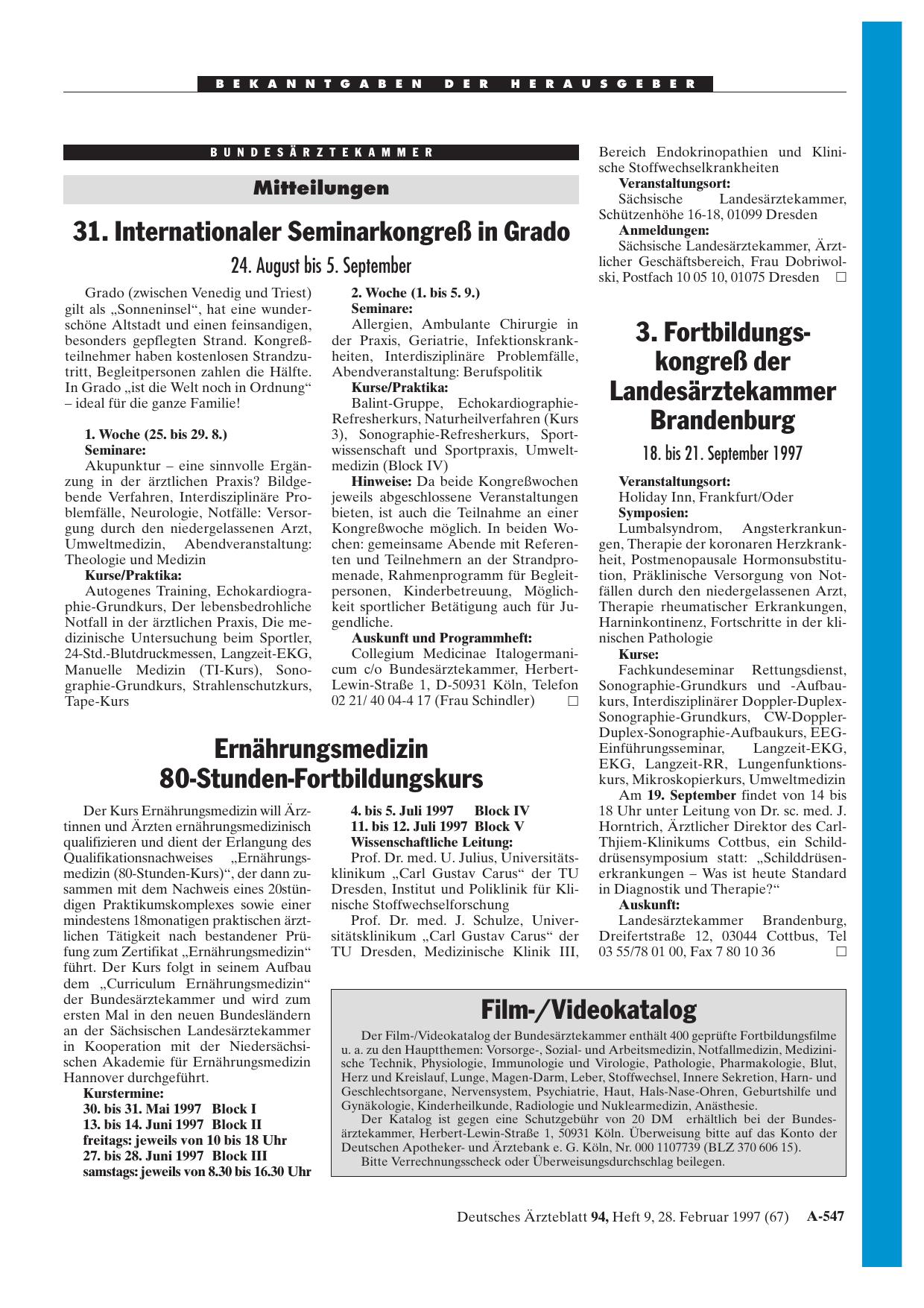 Vorschauseite 1: 3. Fortbildungskongreß der Landesärztekammer Brandenburg: 18. bis 21. September 1997